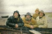 Michael Ancher fire fiskere ved en bad pa skagens strand oil